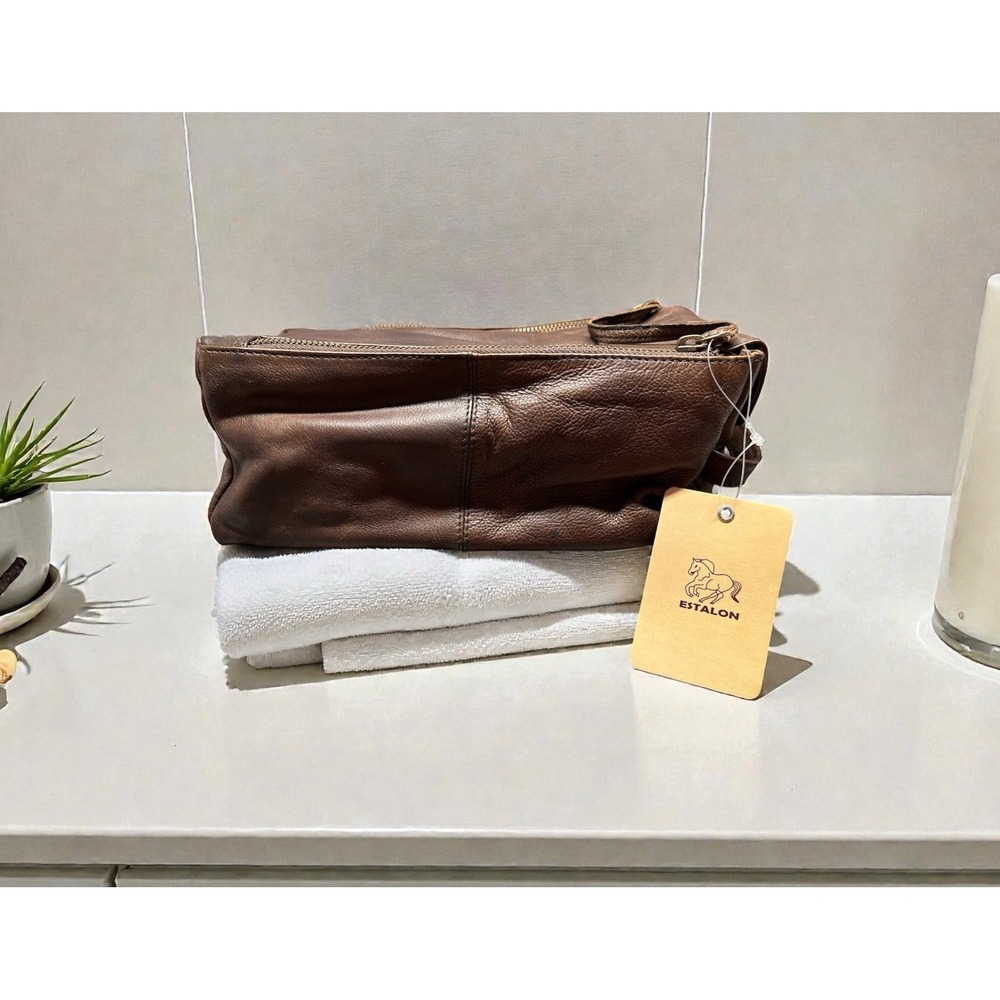 Estalon Genuine Leather Toiletry Bag For Men Women - Large Travel Dopp Kit NEW